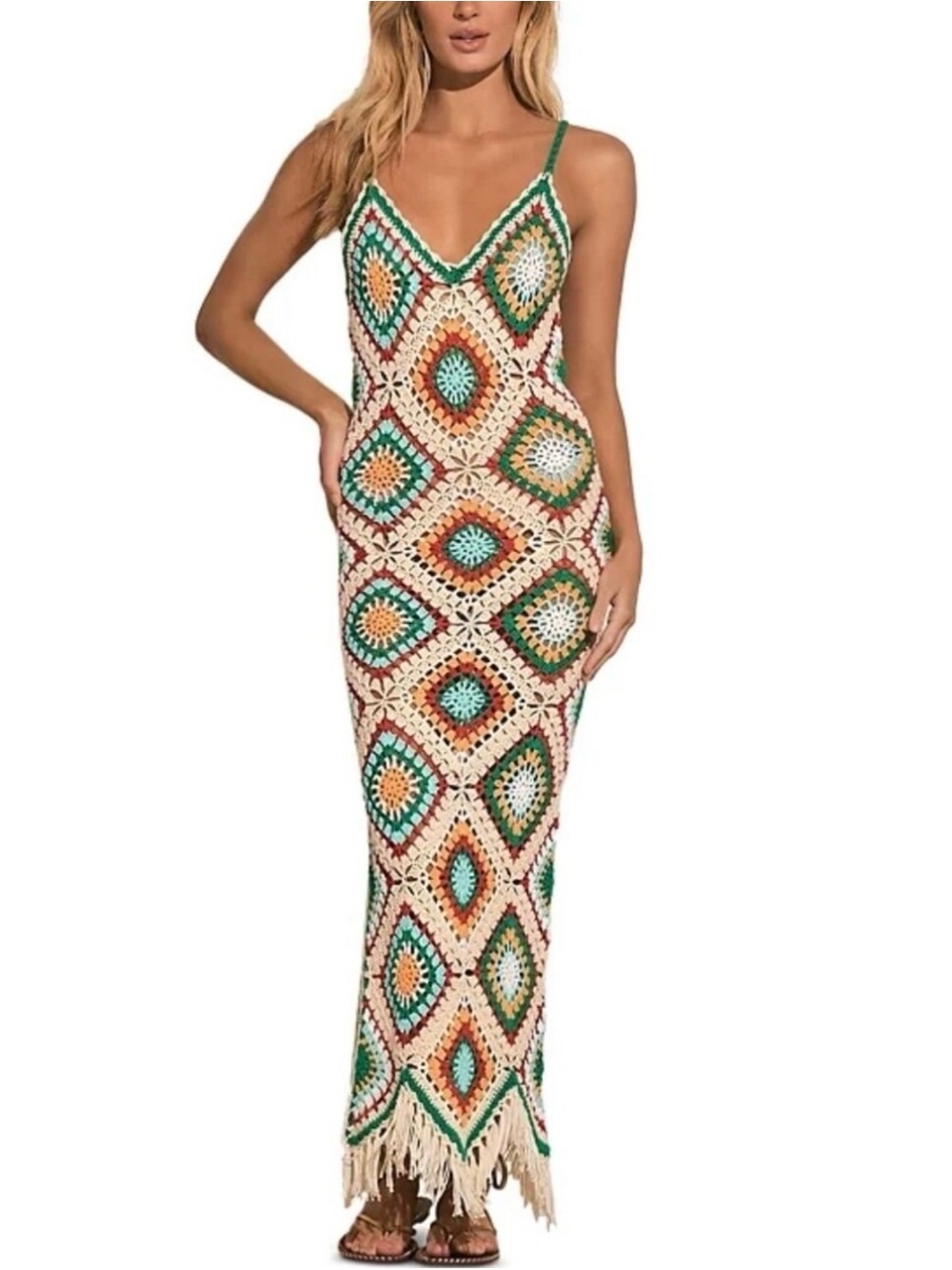 Elan Multicolor Crochet Diamond-Pattern Maxi Dress with Fringe